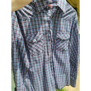 Rustler Shirt Men Large Striped Western Pearl Snap  XLong Tails Multi Color Blue